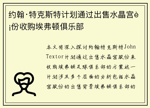 约翰·特克斯特计划通过出售水晶宫股份收购埃弗顿俱乐部 约翰·特克斯特计划通过出售水晶宫股份收购埃弗顿俱乐部