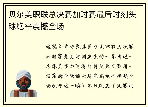 贝尔美职联总决赛加时赛最后时刻头球绝平震撼全场 贝尔美职联总决赛加时赛最后时刻头球绝平震撼全场