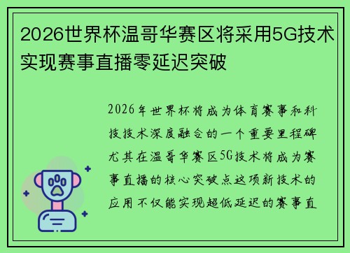 2026世界杯温哥华赛区将采用5G技术实现赛事直播零延迟突破
